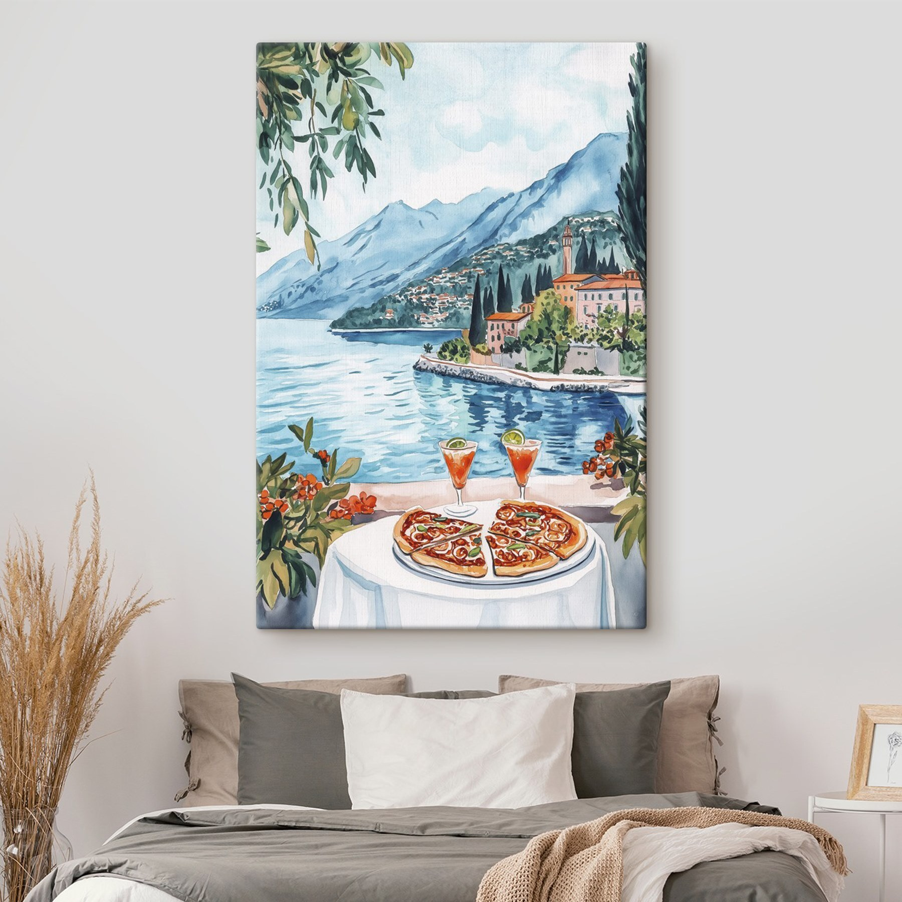 Watercolor painting of a table with food and a lake in the background