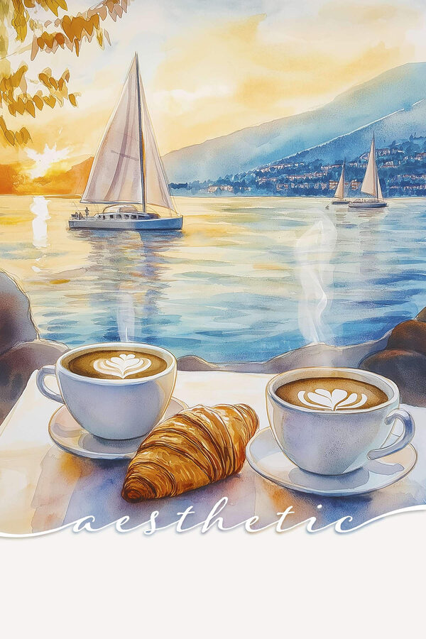 Two cups of coffee and croissant on a table with a sailboat in the background Two cups of coffee and croissant on a table with a sailboat in the background