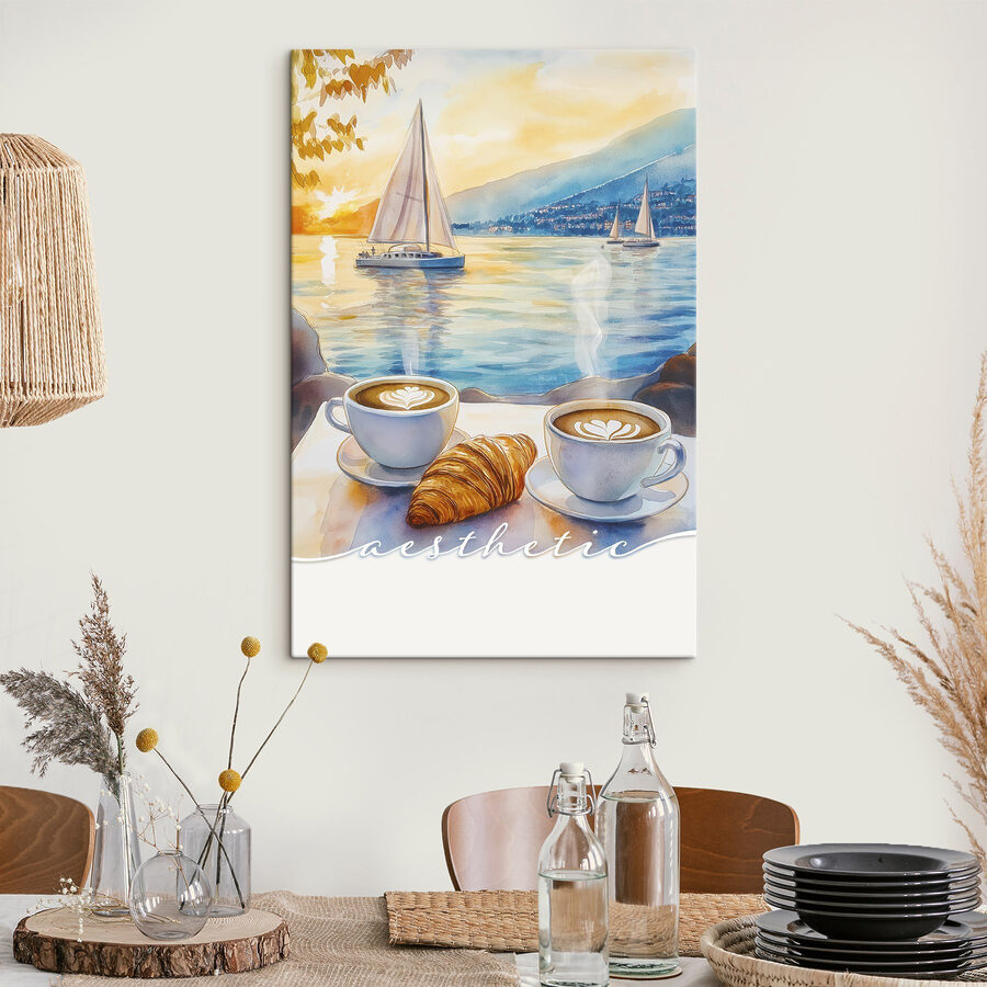 Two cups of coffee and croissant on a table with a sailboat in the background Two cups of coffee and croissant on a table with a sailboat in the background