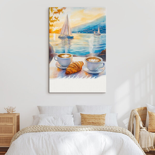 Two cups of coffee and croissant on a table with a sailboat in the background Two cups of coffee and croissant on a table with a sailboat in the background