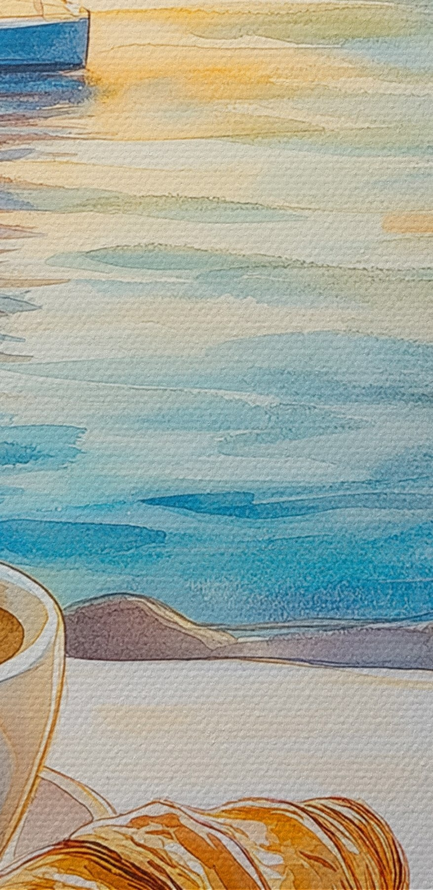 Two cups of coffee and croissant on a table with a sailboat in the background Two cups of coffee and croissant on a table with a sailboat in the background