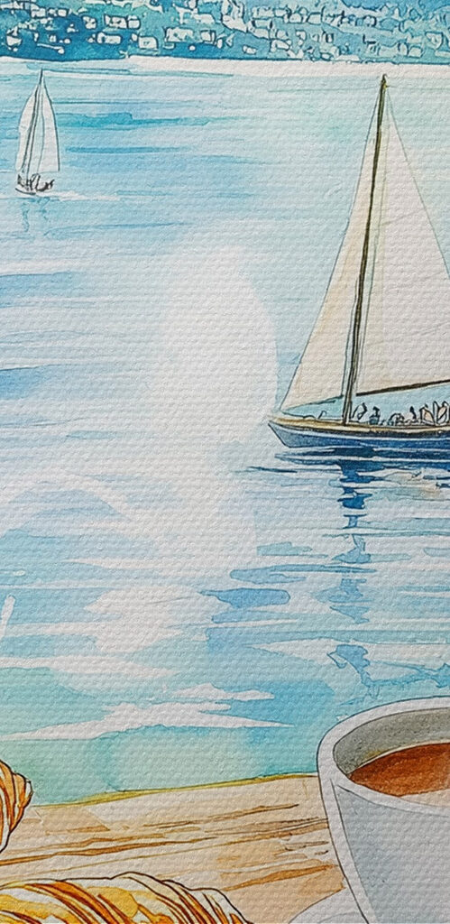 Watercolor painting of a table with coffee and croissants on it