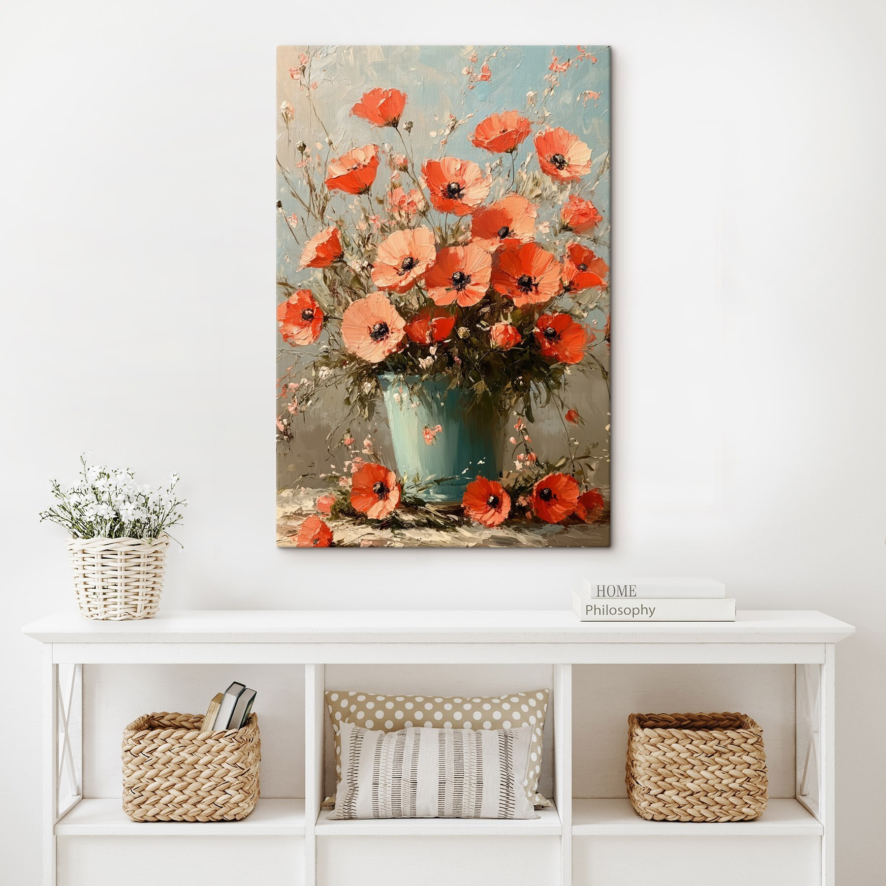 Painting of flowers in a blue vase