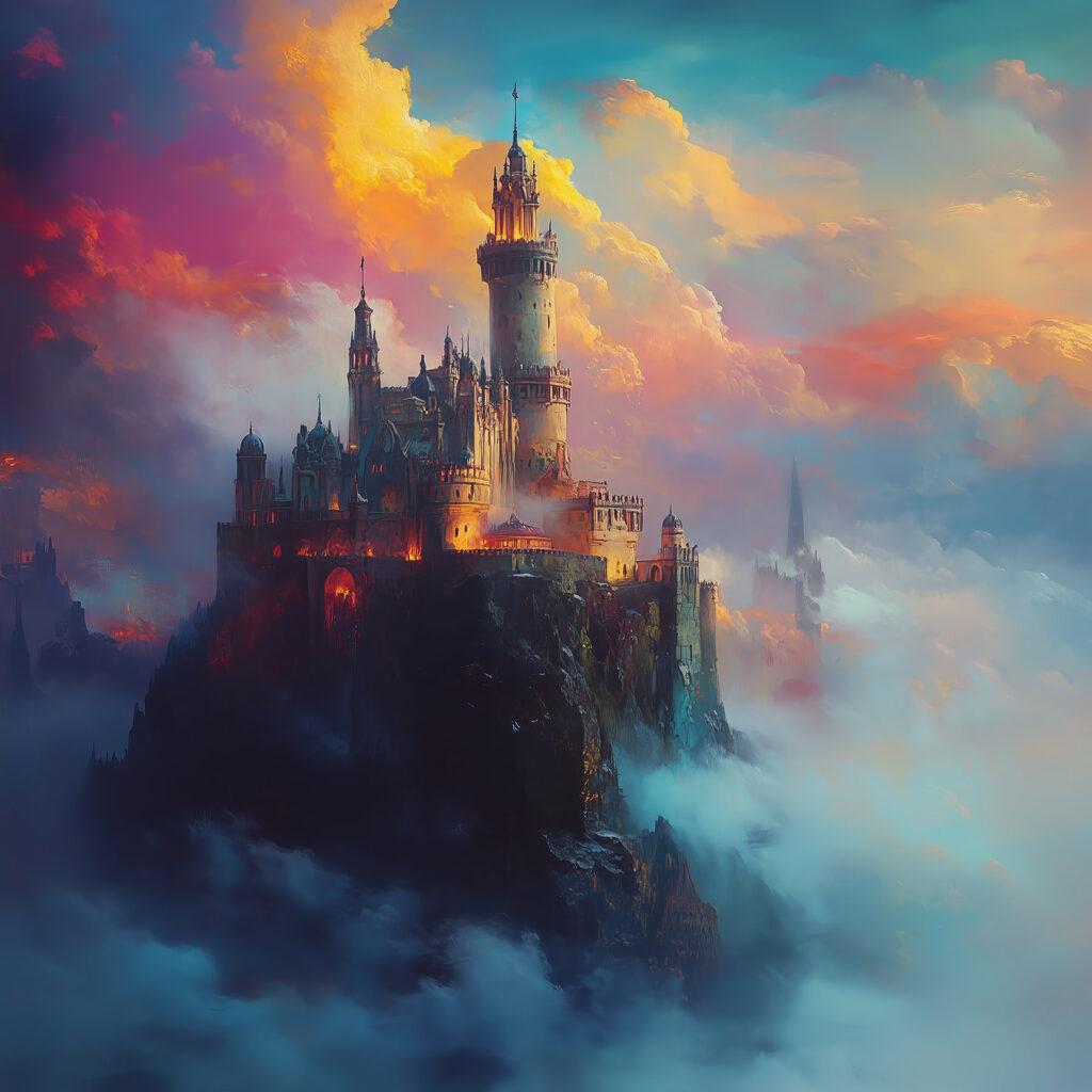 Castle on a mountain with clouds