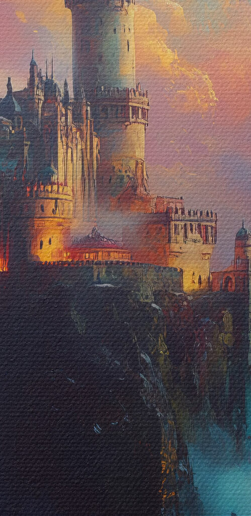 Castle on a mountain with clouds