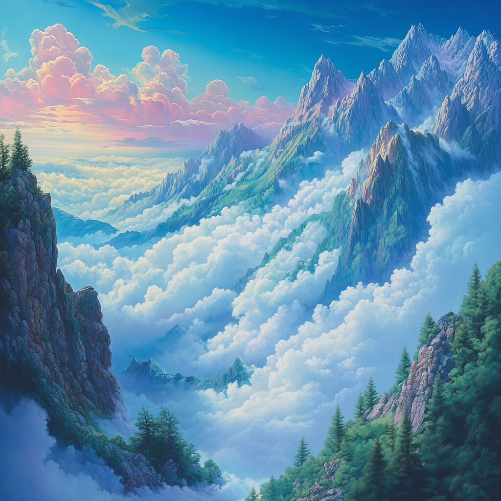 Mountain range with clouds and trees