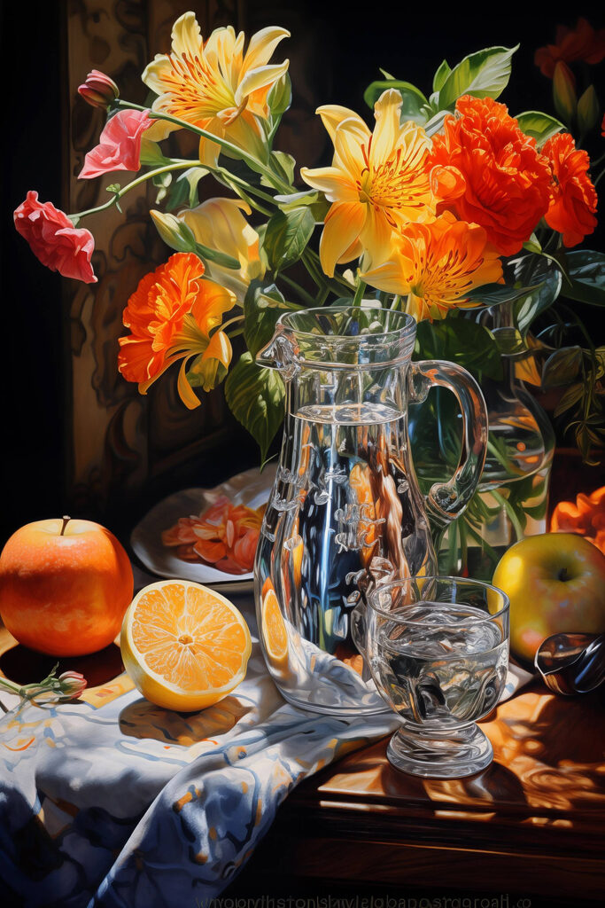 Still life with flowers and fruit