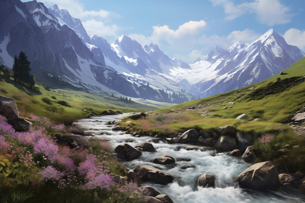 River running through a valley with snow covered mountains