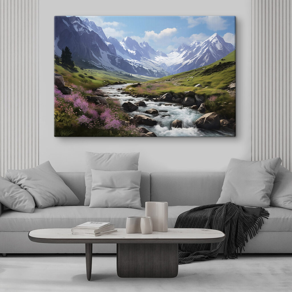 River running through a valley with snow covered mountains