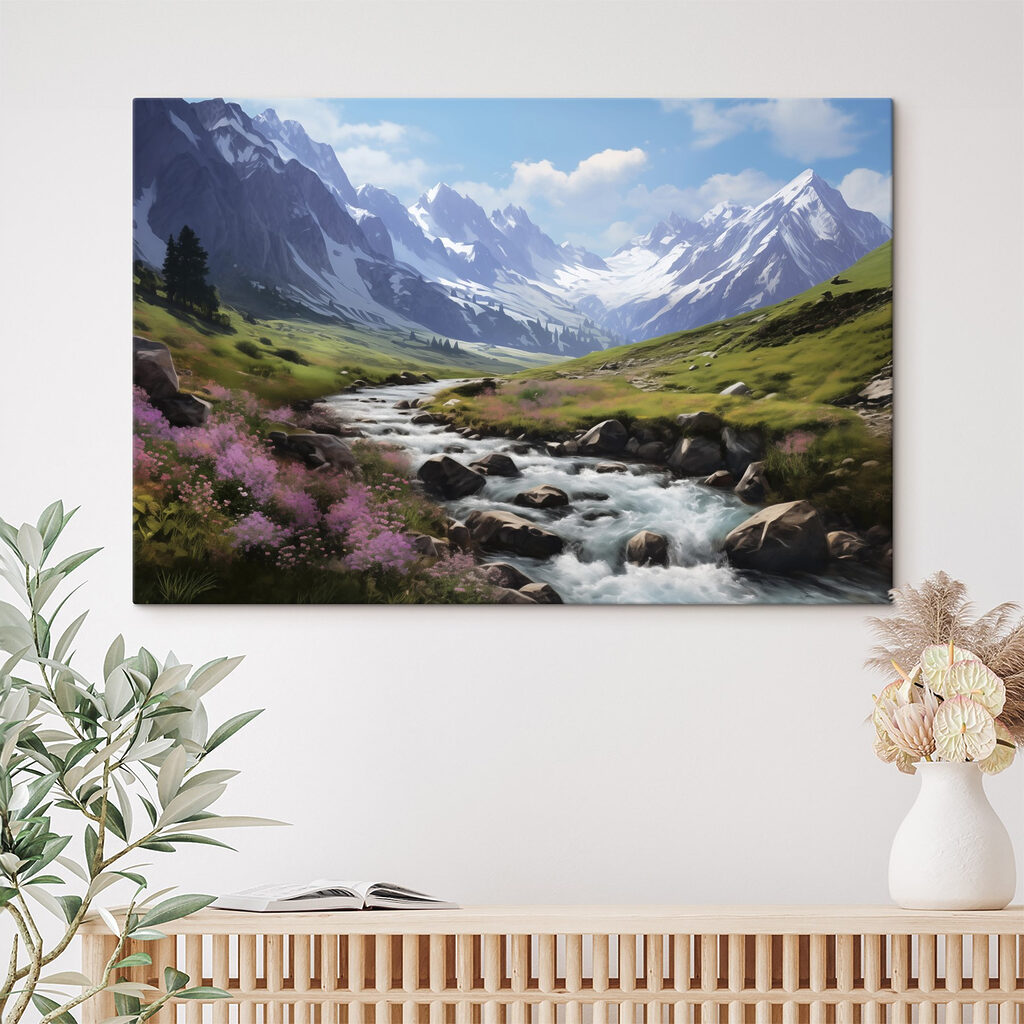 River running through a valley with snow covered mountains
