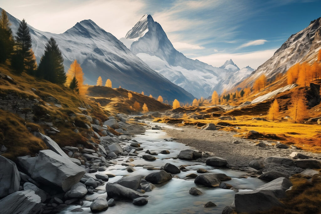 River running through a valley with mountains in the background River running through a valley with mountains in the background