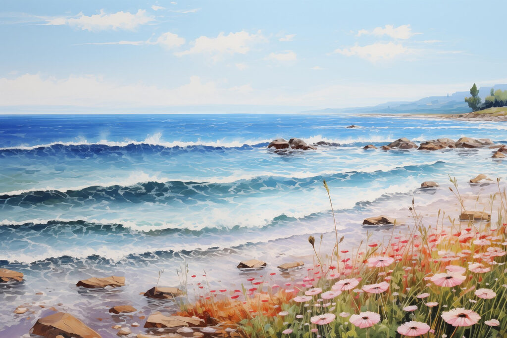 Painting of a beach with flowers and waves Painting of a beach with flowers and waves