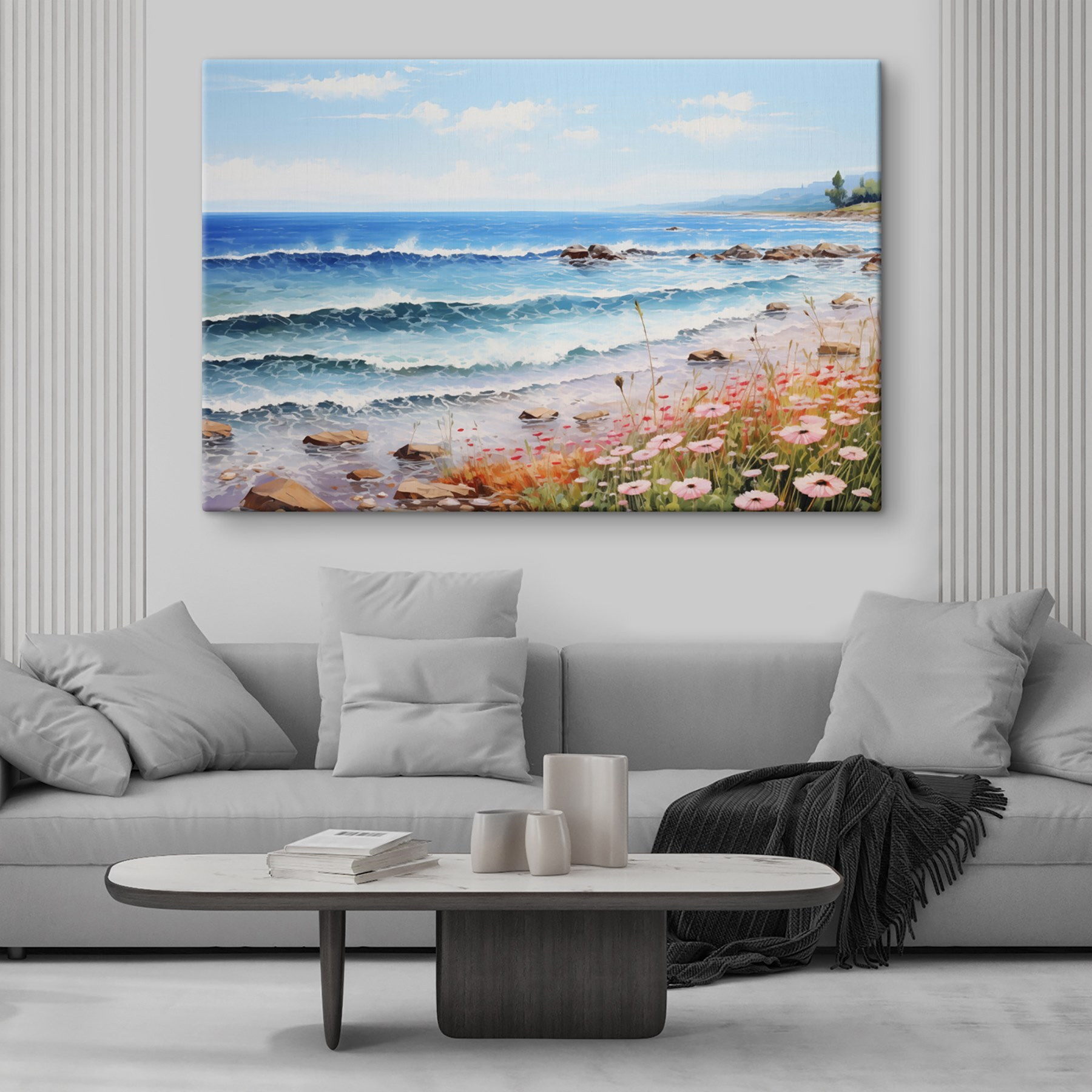 Painting of a beach with flowers and waves Painting of a beach with flowers and waves