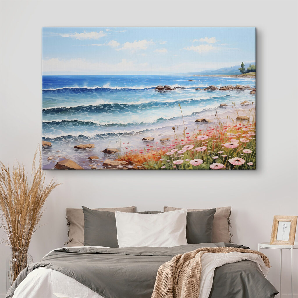 Painting of a beach with flowers and waves Painting of a beach with flowers and waves