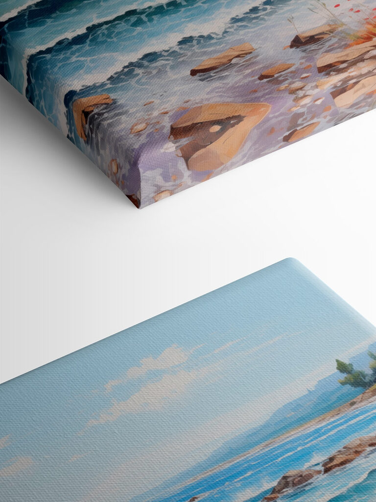 Painting of a beach with flowers and waves Painting of a beach with flowers and waves