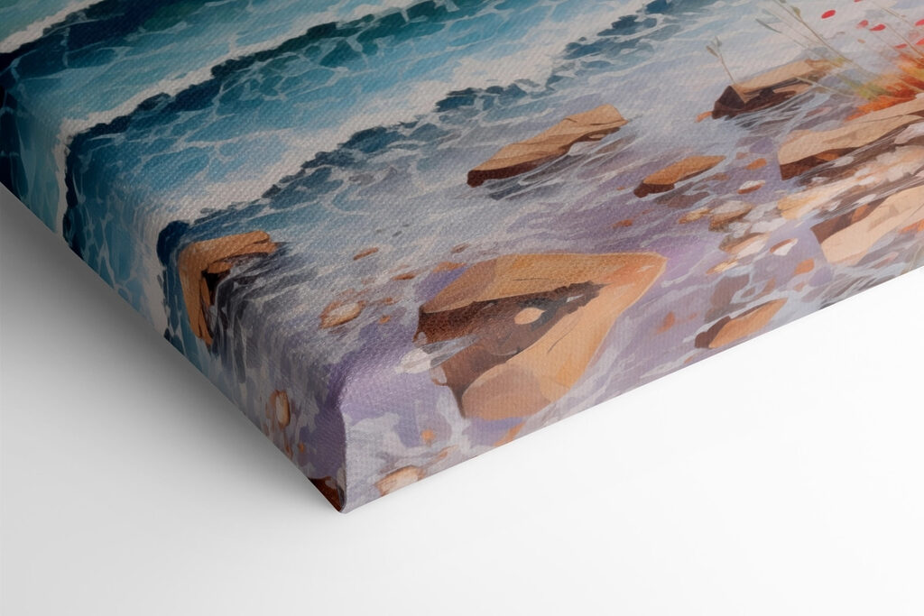 Painting of a beach with flowers and waves Painting of a beach with flowers and waves