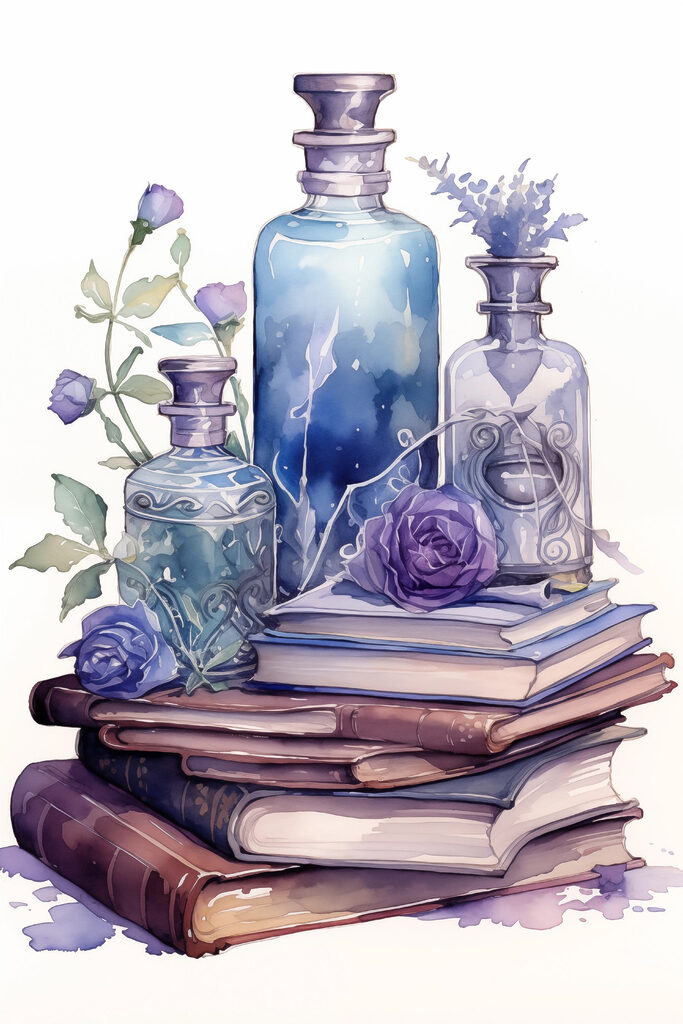 Watercolor painting of a stack of books and bottles
