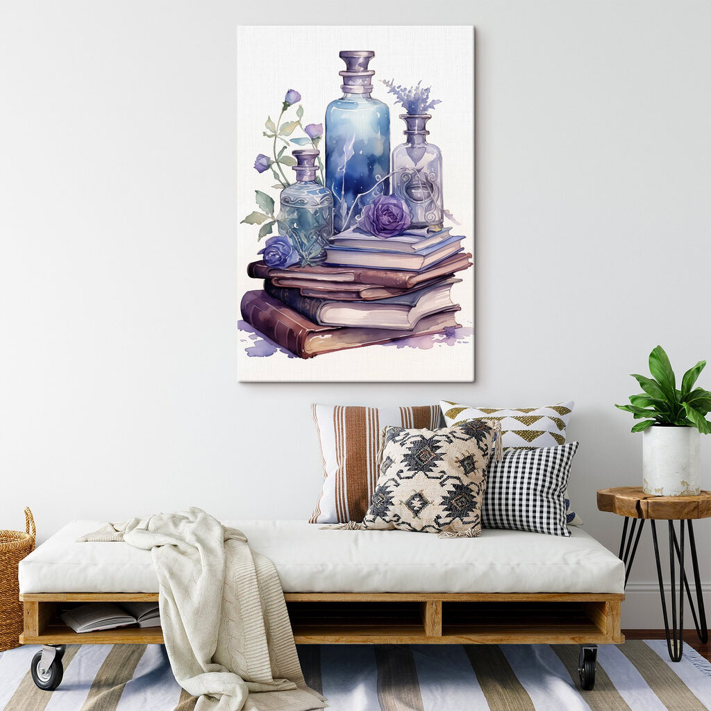 Watercolor painting of a stack of books and bottles
