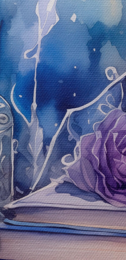 Watercolor painting of a stack of books and bottles