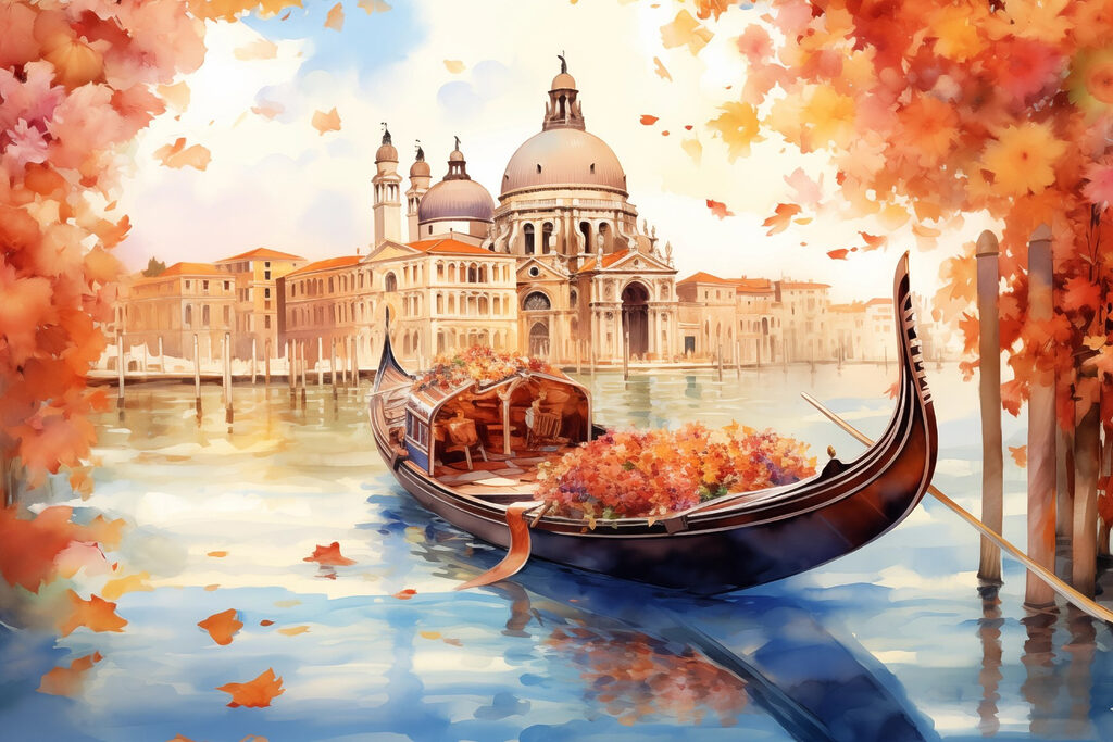 Gondola on water with a building in the background