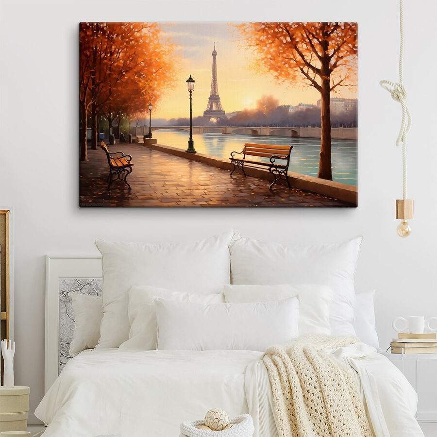 Bench and a river with trees and a tower in the background Bench and a river with trees and a tower in the background