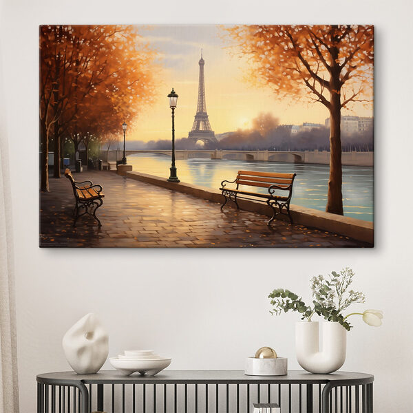 Bench and a river with trees and a tower in the background Bench and a river with trees and a tower in the background