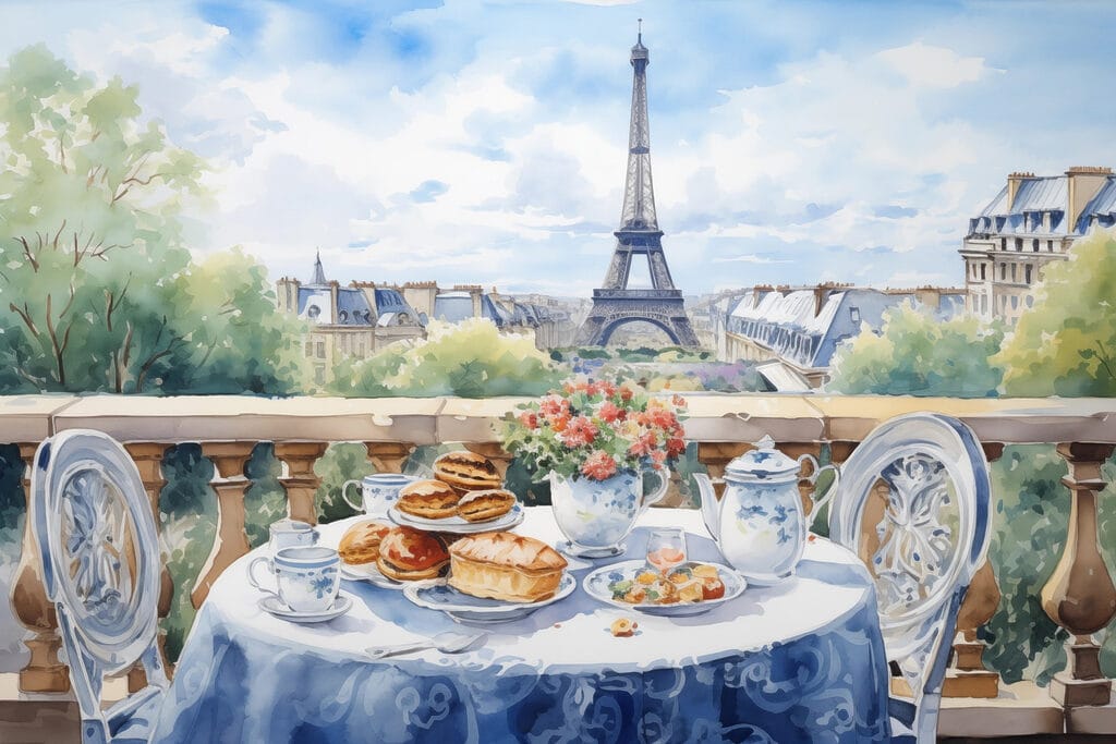 Watercolor painting of a table with food on it