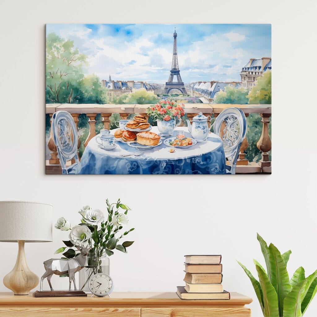 Watercolor painting of a table with food on it