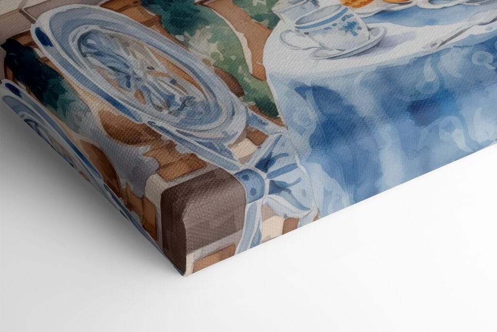 Watercolor painting of a table with food on it