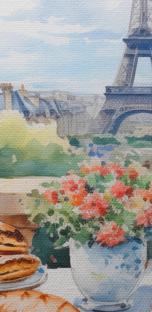 Watercolor painting of a table with food on it