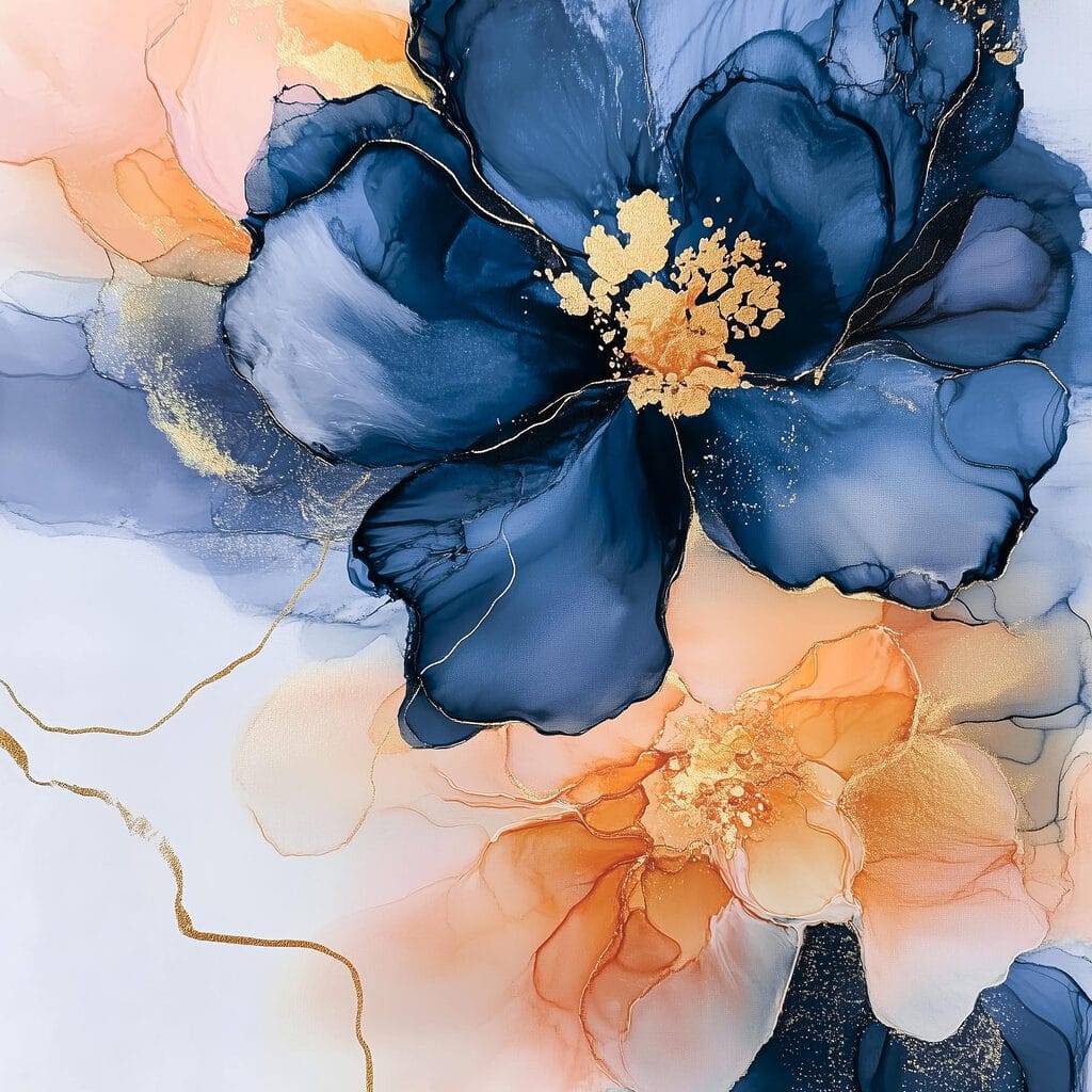 Painting of blue and orange flowers