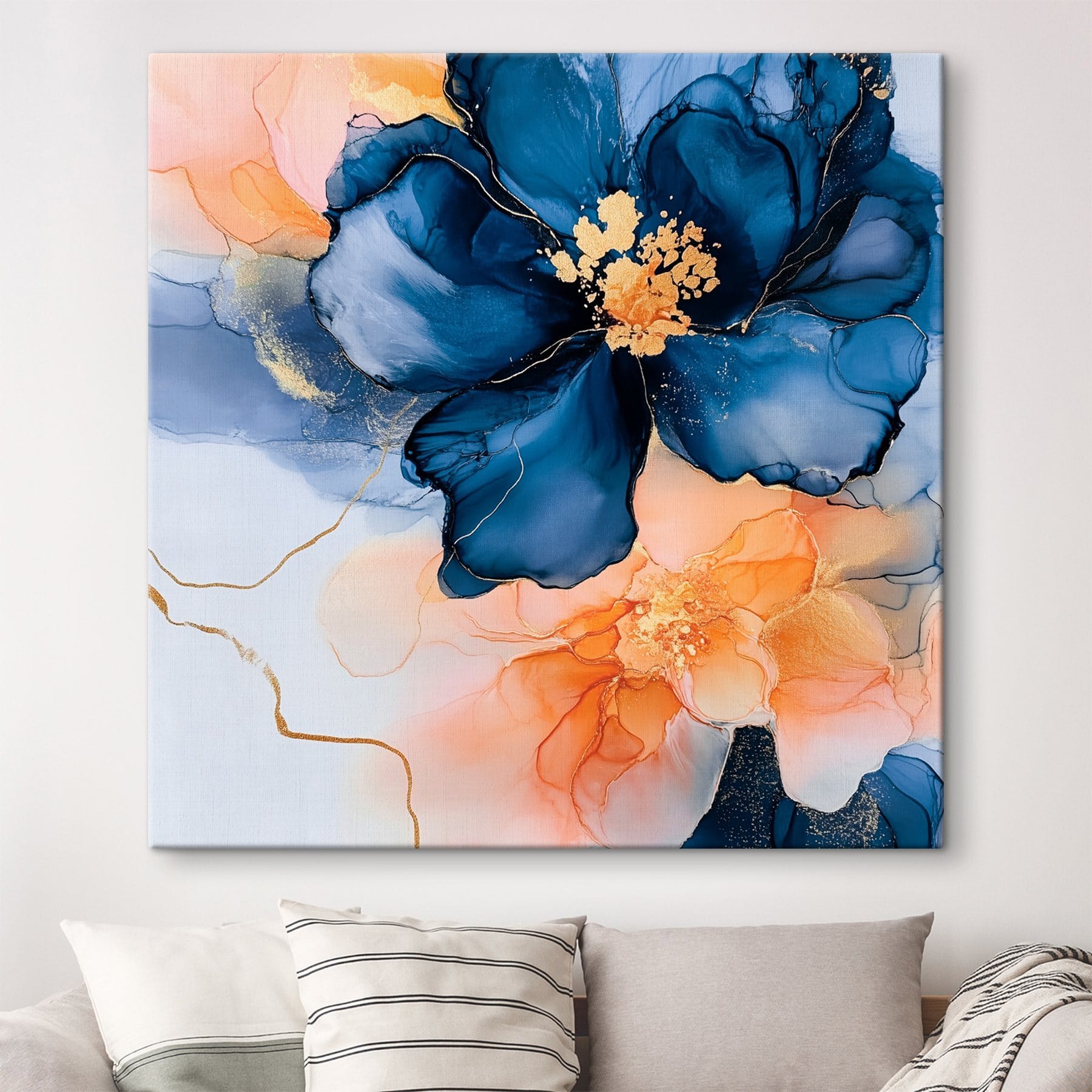 Painting of blue and orange flowers