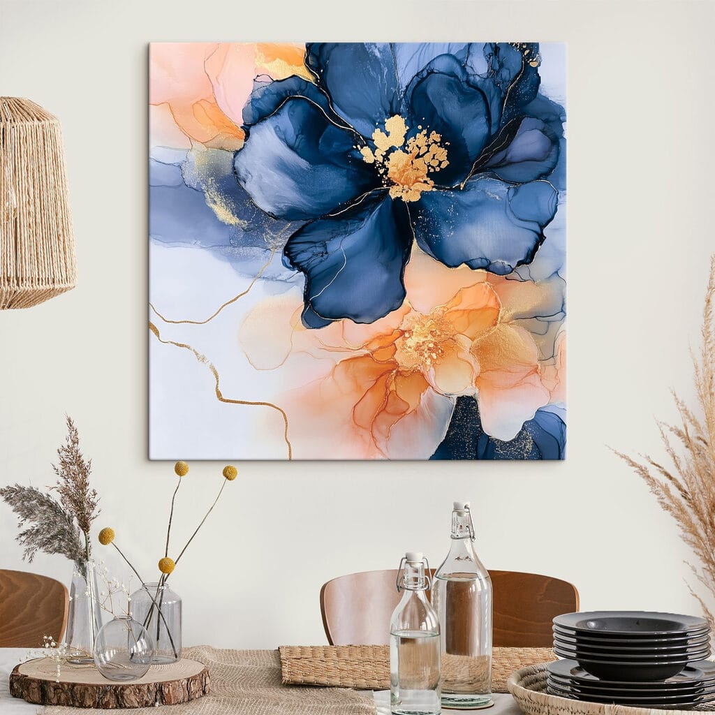 Painting of blue and orange flowers