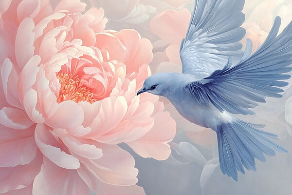 Bird flying next to a flower Bird flying next to a flower