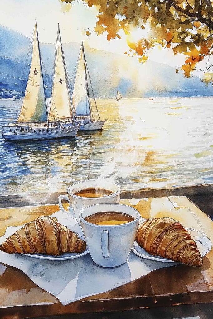 Watercolor painting of a table with coffee and croissants