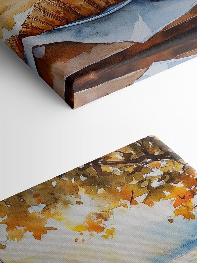 Watercolor painting of a table with coffee and croissants