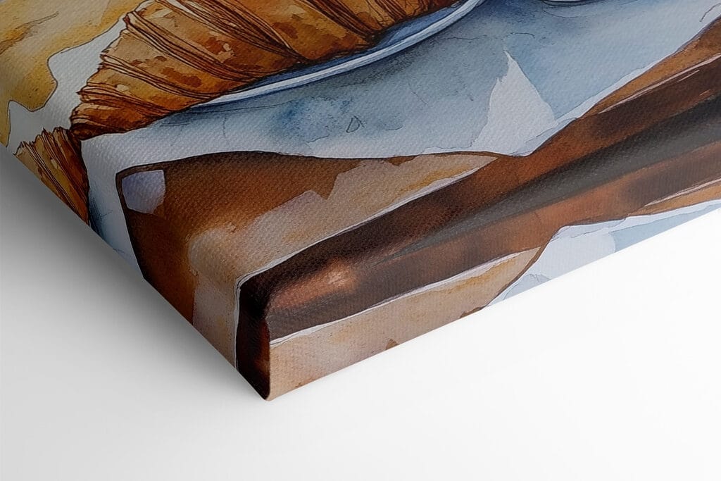 Watercolor painting of a table with coffee and croissants