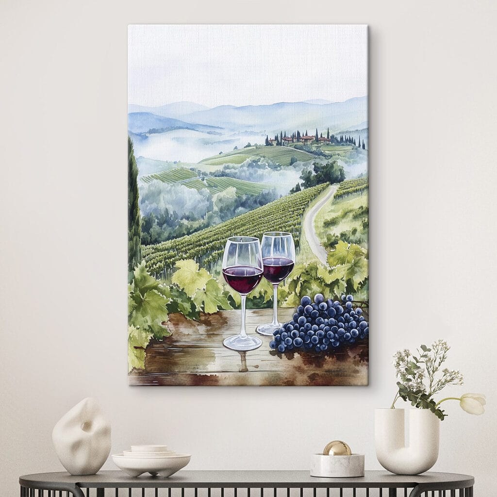 Watercolor of wine glasses on a table with grapes and hills in the background Watercolor of wine glasses on a table with grapes and hills in the background