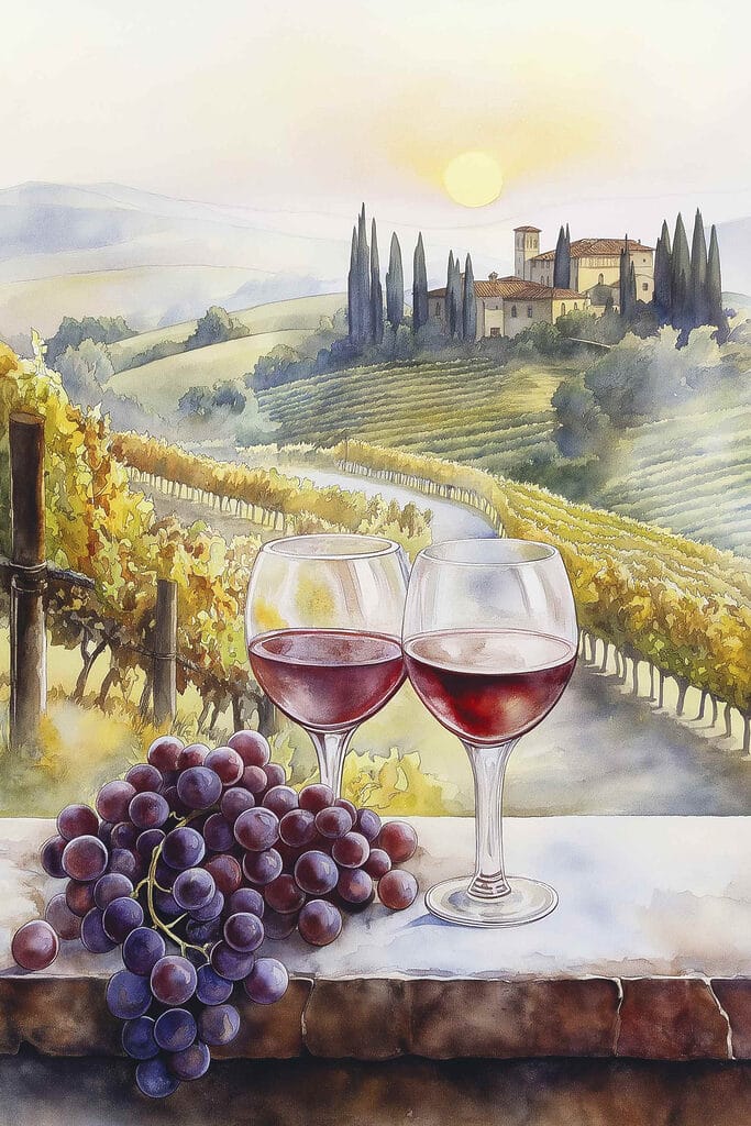 Watercolor painting of wine glasses and grapes