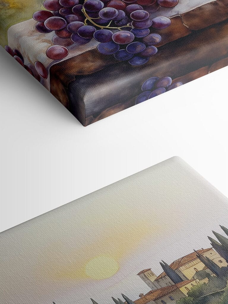 Watercolor painting of wine glasses and grapes