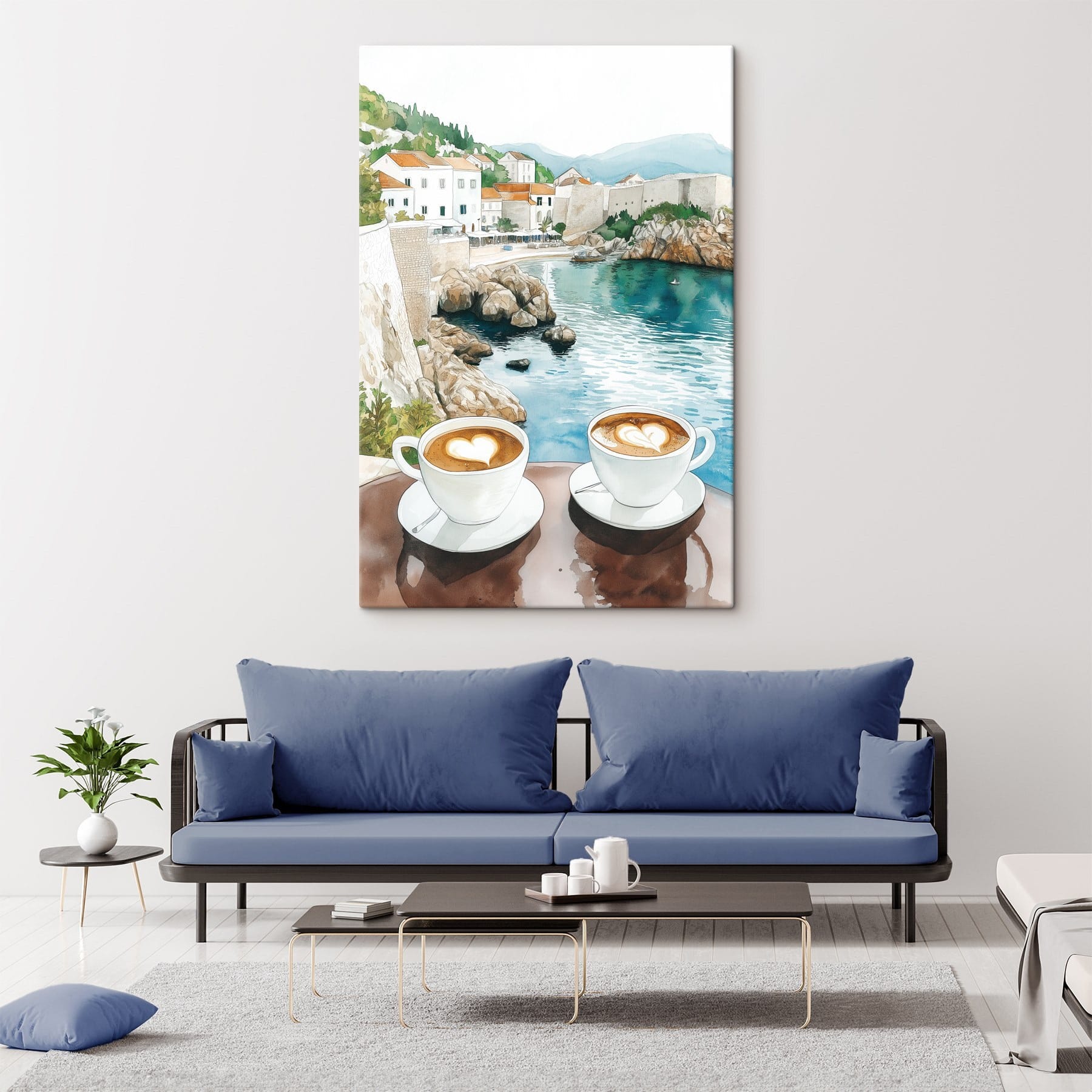 Two cups of coffee with a heart shaped foam on top of a table overlooking a body of water Two cups of coffee with a heart shaped foam on top of a table overlooking a body of water