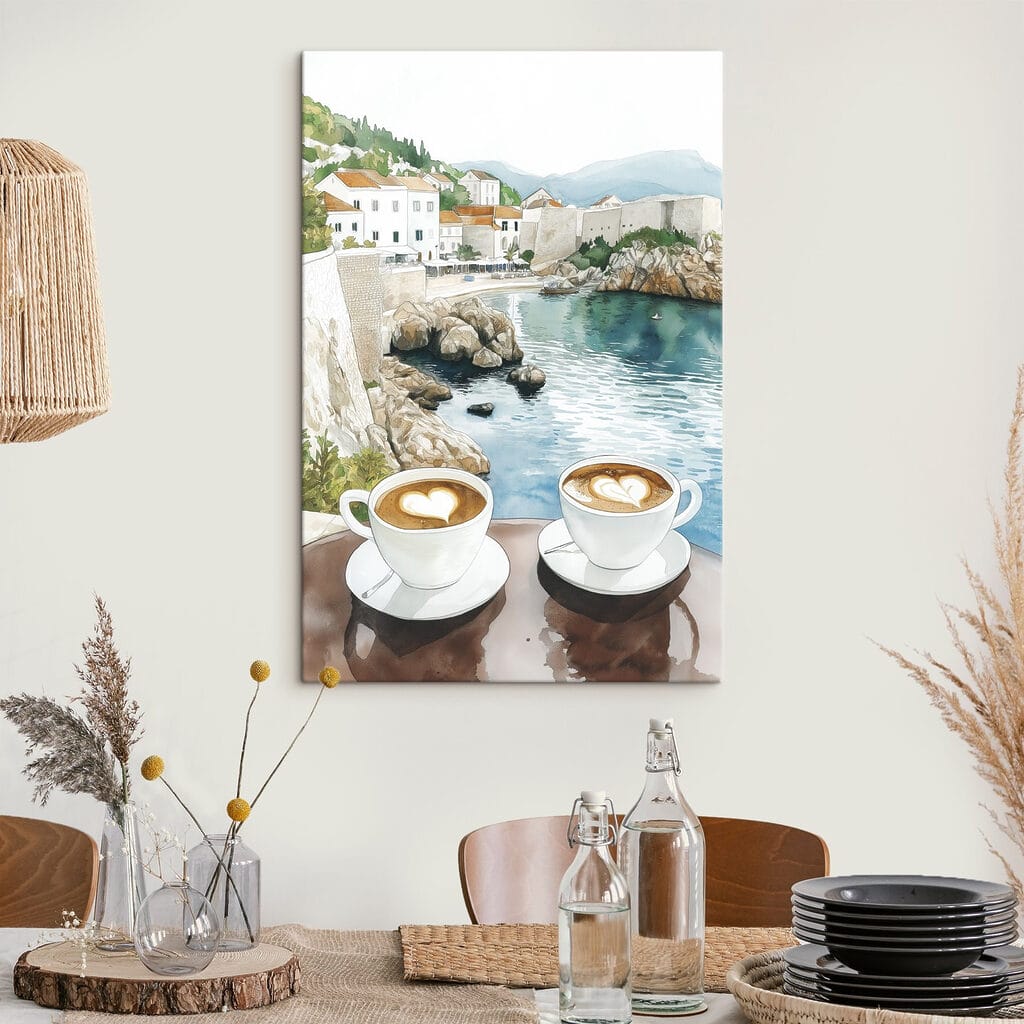 Two cups of coffee with a heart shaped foam on top of a table overlooking a body of water Two cups of coffee with a heart shaped foam on top of a table overlooking a body of water