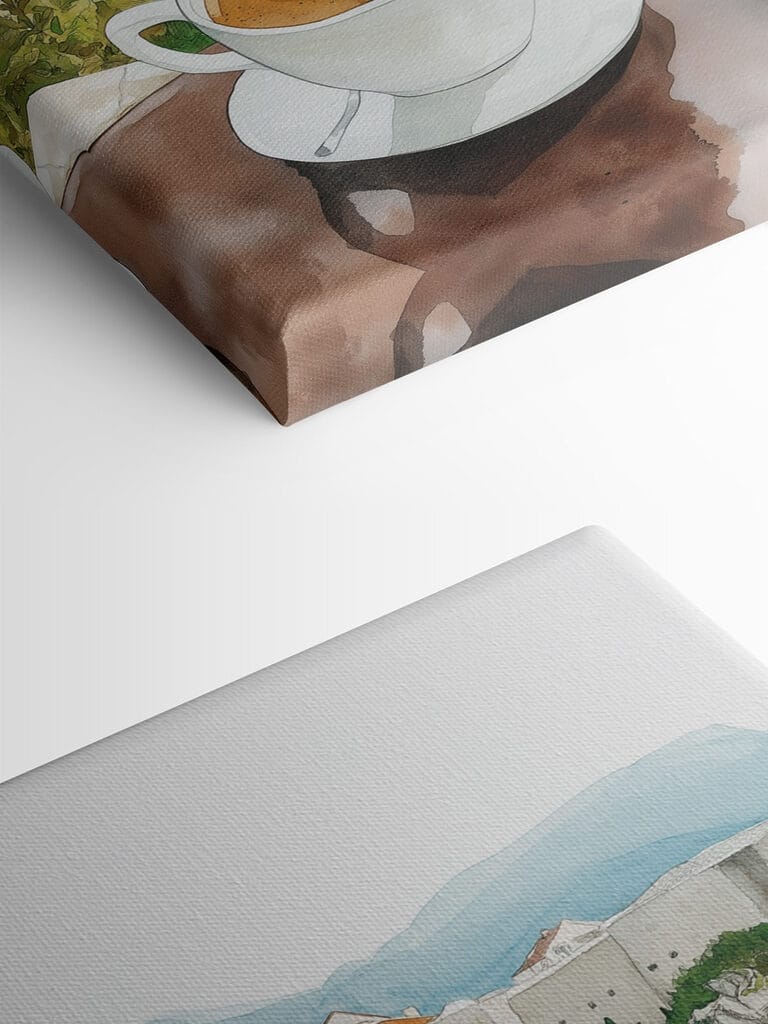 Two cups of coffee with a heart shaped foam on top of a table overlooking a body of water Two cups of coffee with a heart shaped foam on top of a table overlooking a body of water