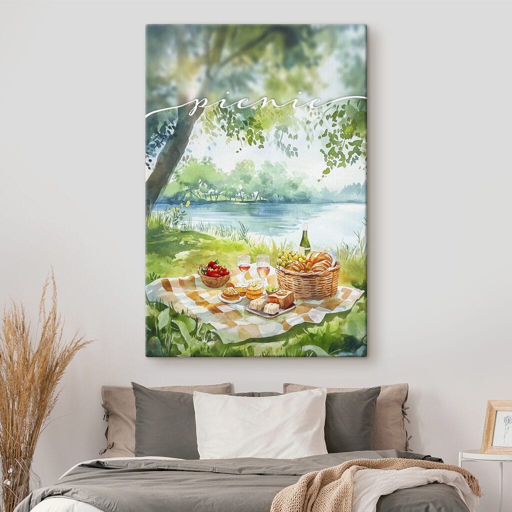 Watercolor painting of a picnic with food and wine on a blanket by a lake Watercolor painting of a picnic with food and wine on a blanket by a lake