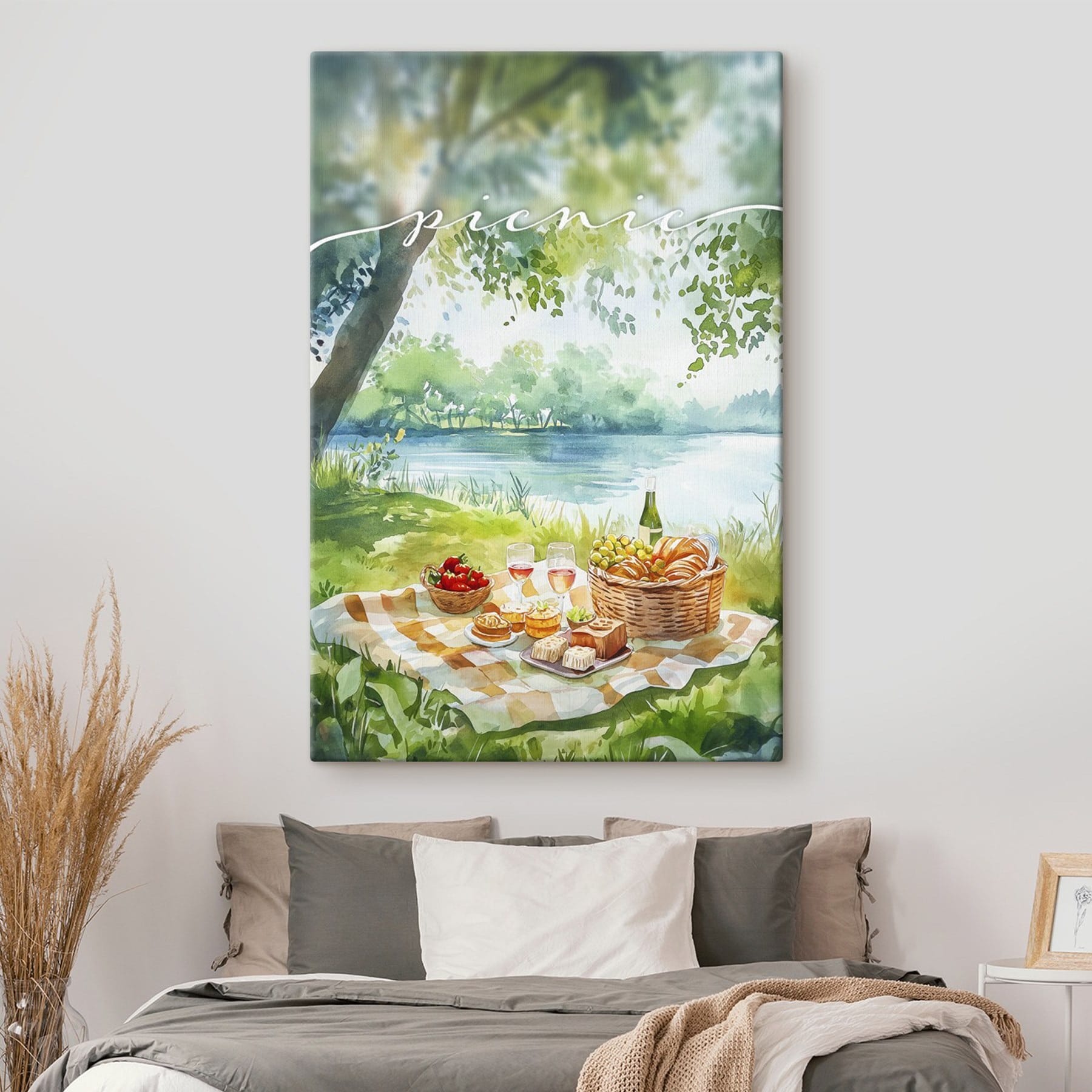 Watercolor painting of a picnic with food and wine on a blanket by a lake