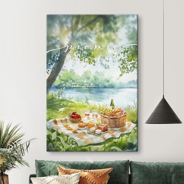 Watercolor painting of a picnic with food and wine on a blanket by a lake Watercolor painting of a picnic with food and wine on a blanket by a lake