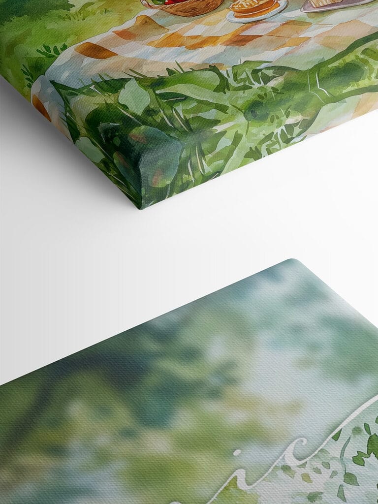 Watercolor painting of a picnic with food and wine on a blanket by a lake Watercolor painting of a picnic with food and wine on a blanket by a lake