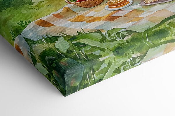 Watercolor painting of a picnic with food and wine on a blanket by a lake Watercolor painting of a picnic with food and wine on a blanket by a lake