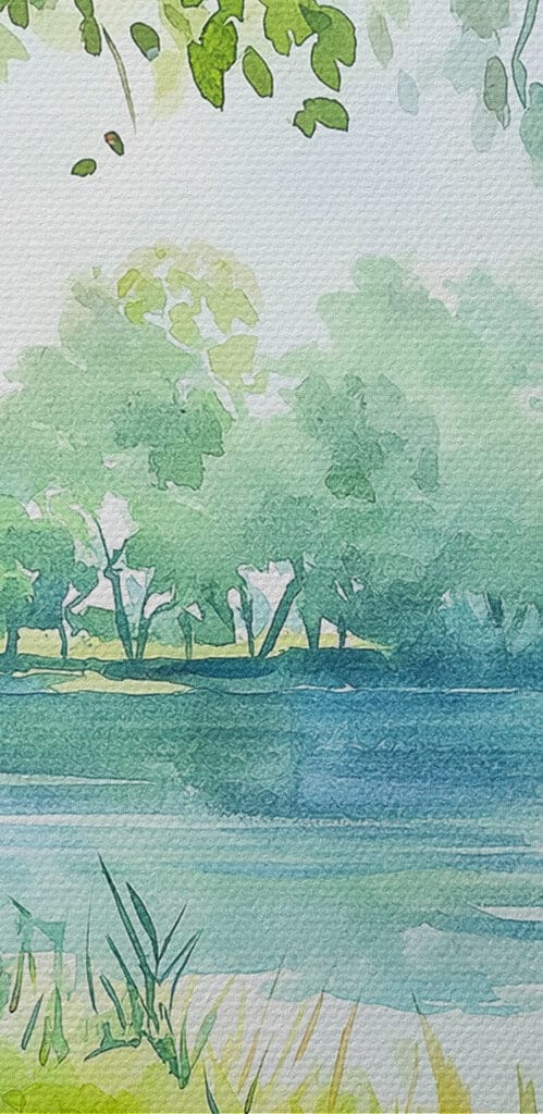 Watercolor painting of a picnic with food and wine on a blanket by a lake Watercolor painting of a picnic with food and wine on a blanket by a lake