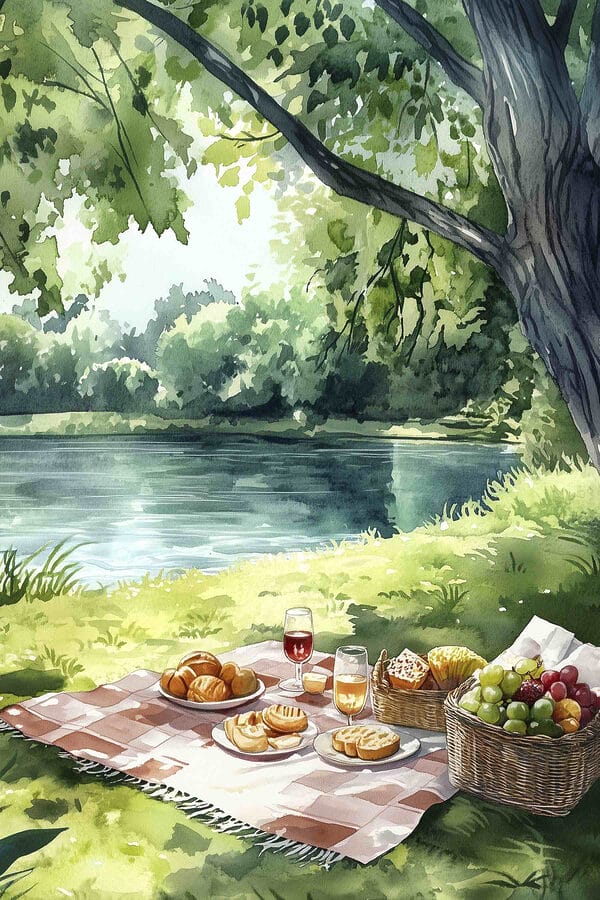Watercolor painting of food on a picnic blanket by a lake Watercolor painting of food on a picnic blanket by a lake